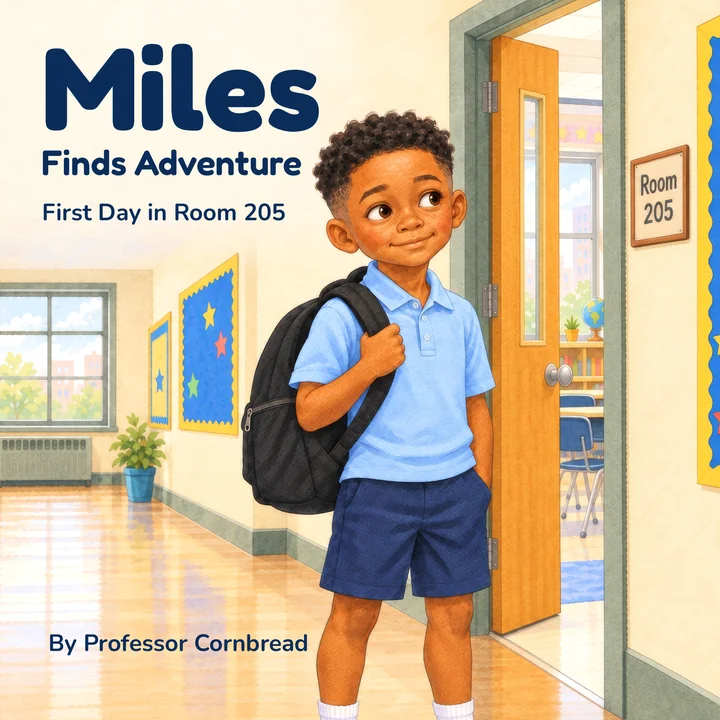 Front cover of Miles Finds Adventure: First Day in Room 205 by Professor Cornbread: Miles, wearing a backpack, smiles in a school hallway beside the open door of Room 205.