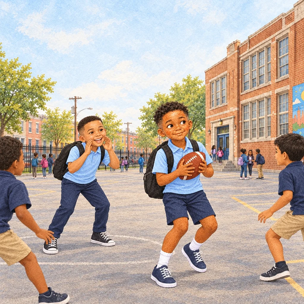 Watercolor-style illustration of children playing football on a city schoolyard in front of a brick school, from Miles Finds Adventure.