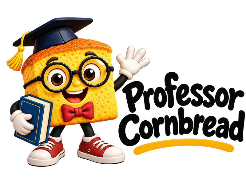 Professor Cornbread waving beside his name written in bold hand-lettering.