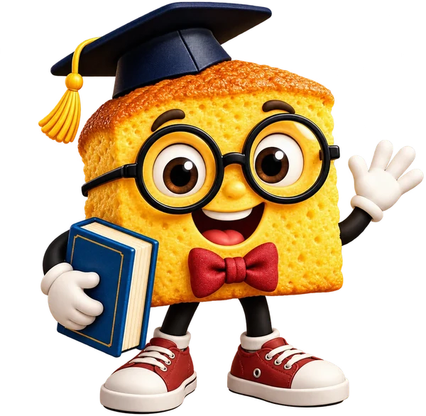Professor Cornbread, a smiling square of cornbread in a graduation cap, round glasses and a red bow tie, waving and holding a blue book.