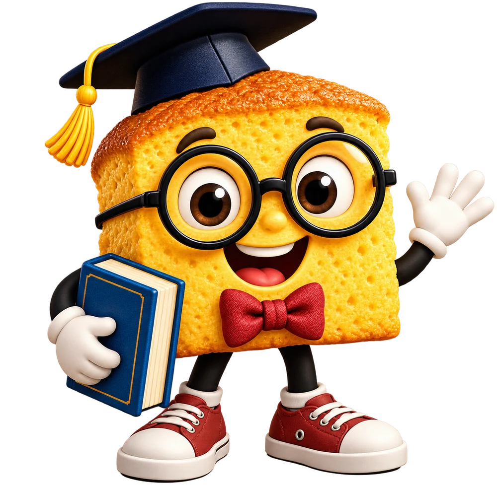 Professor Cornbread, a smiling square of cornbread in a graduation cap, round glasses and a red bow tie, waving and holding a blue book.